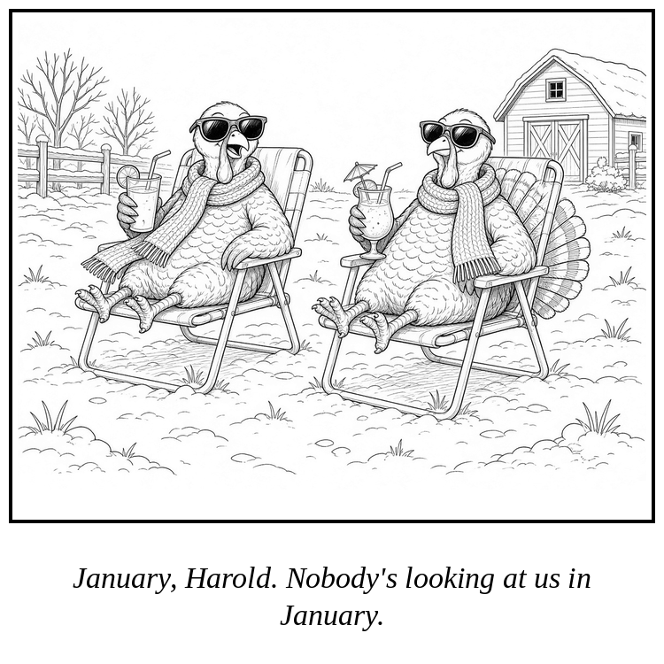 Cartoon: Two turkeys lounge in lawn chairs in a snowy farmyard, finally at ease.