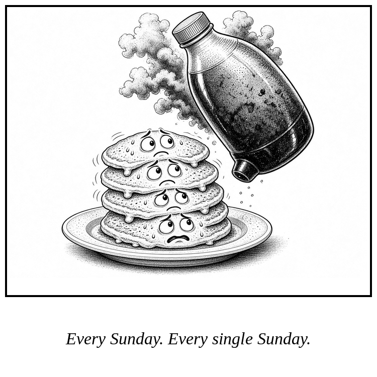 Cartoon: A stack of worried pancakes cowers as a syrup bottle looms over them like a storm cloud.