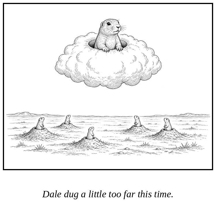 Cartoon: A prairie dog pops out of a burrow in a cloud while the colony stares up from below.